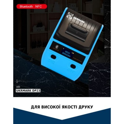 Портативний термопринтер UKRMARK DP23BL, USB/Bluetooth, рулони 15-58 мм, для чеків/етикеток, синій. Друк на термопапері та полімерних етикетках