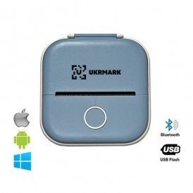 Мини термопринтер UKRMARK P02BL Bluetooth, голубой, рулоны 50-57 мм, печать на термобумаге и полимерных этикетках