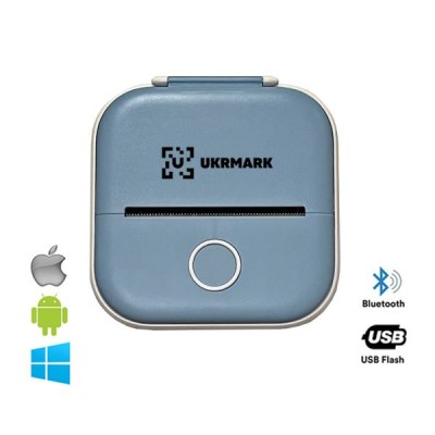 Міні термо принтер UKRMARK P02BL Bluetooth, блакитний, рулони 50-57 мм, друк на термопапері та полімерних етикетках