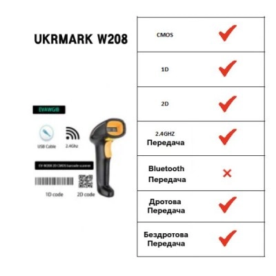 Сканер штрих-кодов UKRMARK EV-W208 для 1D, 2D, QR кодов, CMOS, проводной (USB)/беспроводной (2.4GHz)